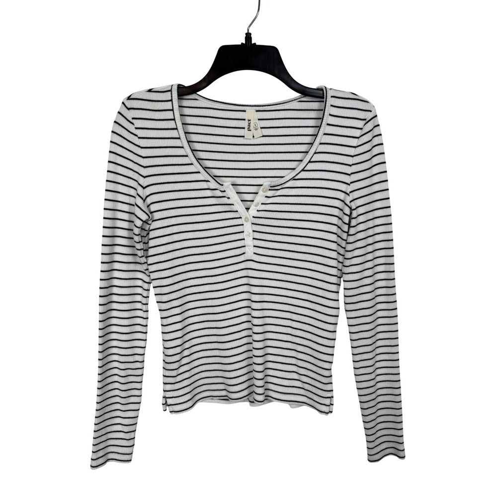 Pact Women Cotton Striped Henley Top S White Black Ribbed Long Sleeve Scoop Neck